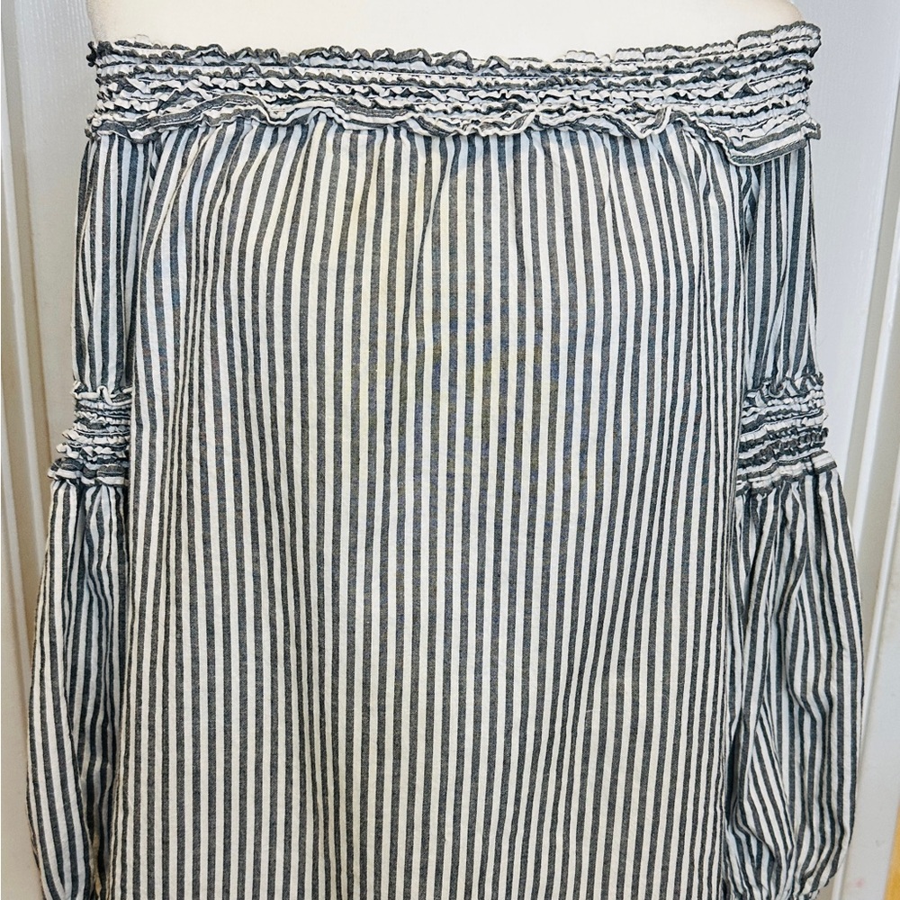 Max Studio Black White Striped Puff Ruffle Long Sleeve Blouse Large - Picture 9 of 10